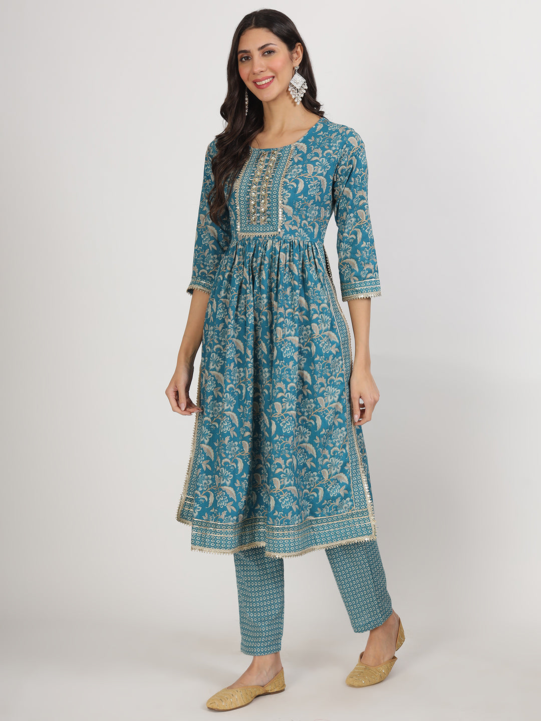 Teal Blue Floral Print Cotton Nyra Cut Kurta Pants with Dupatta set featuring gold embroidery