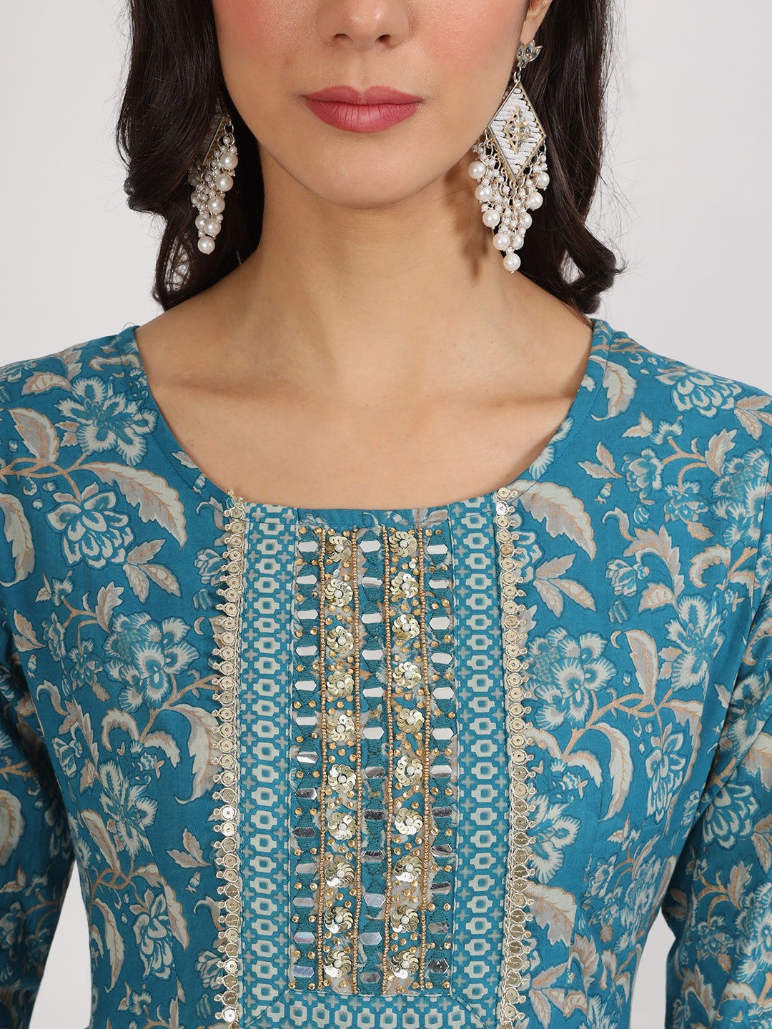 Teal Blue Floral Print Cotton Nyra Cut Kurta with Chandelier Earrings and Detail