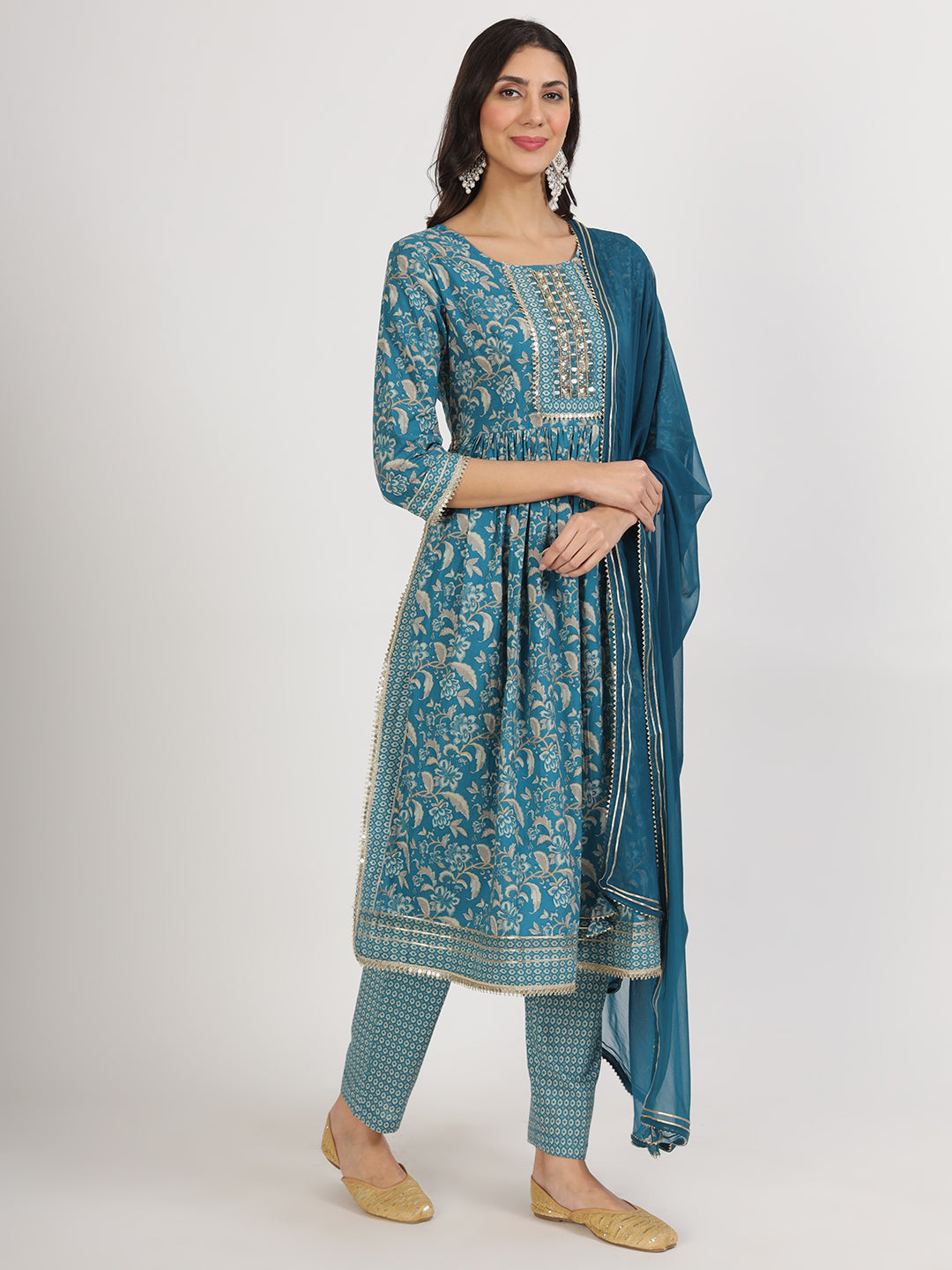 Teal blue floral print cotton Nyra cut kurta pants set with matching dupatta