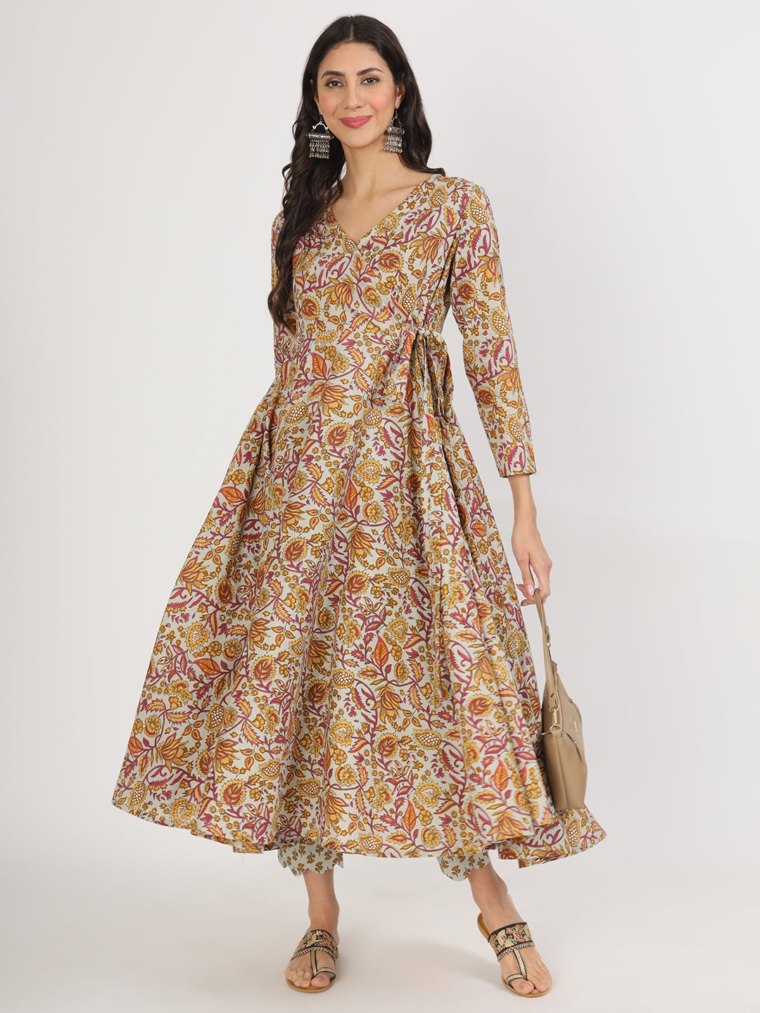 Floral print wrap dress with long sleeves from Green Floral Print Cotton Angrakha Kurta set