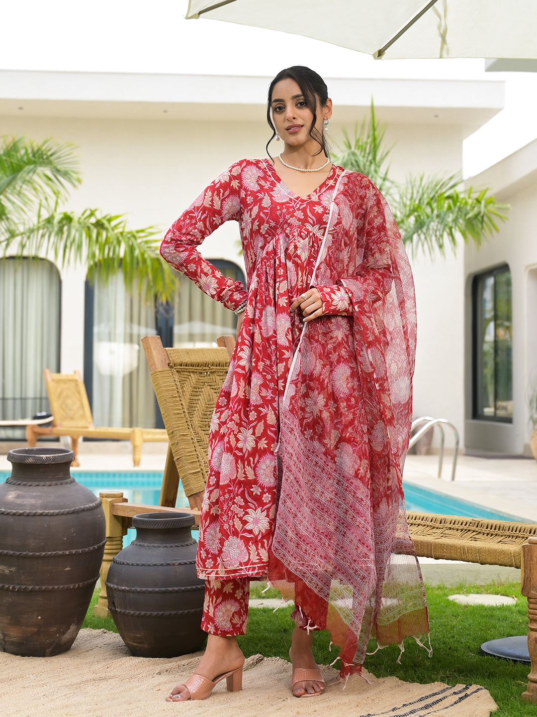 Floral Printed Red Cotton Alia Cut Kurta Set with Sheer Dupatta for Women