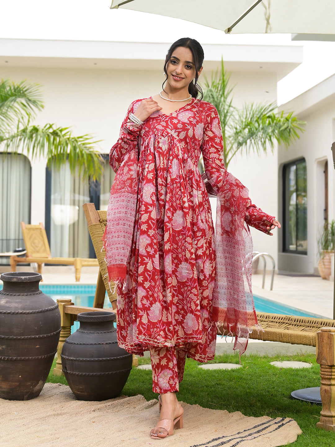 Floral printed red cotton Alia cut kurta set with matching dupatta for women