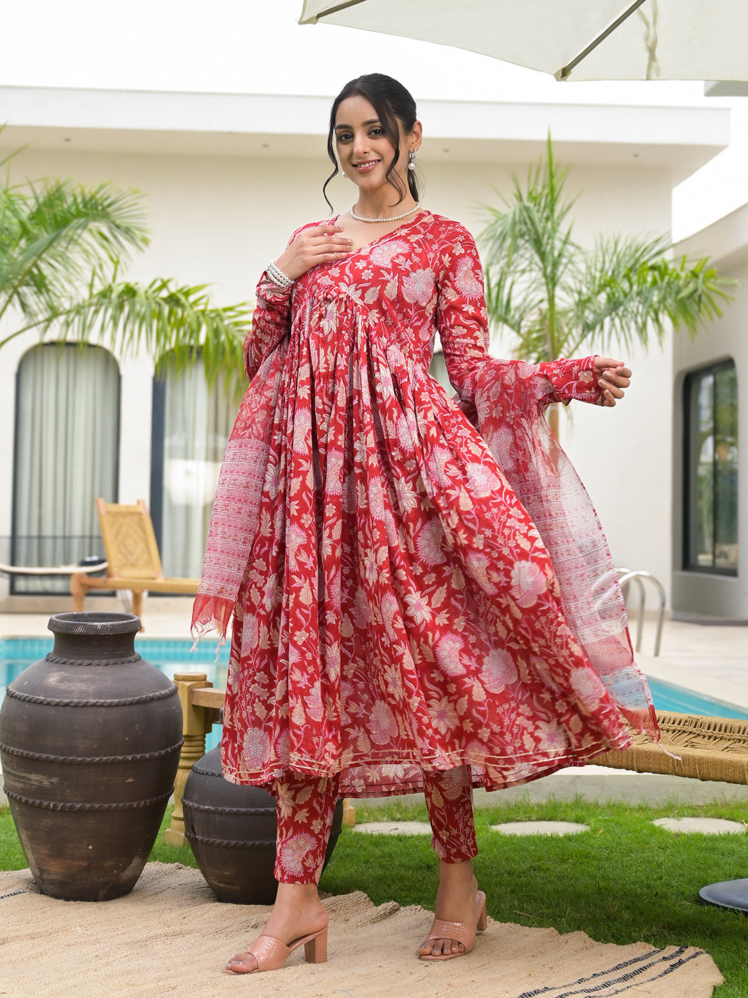 Floral printed red cotton Alia cut kurta set with long sleeves and matching pants