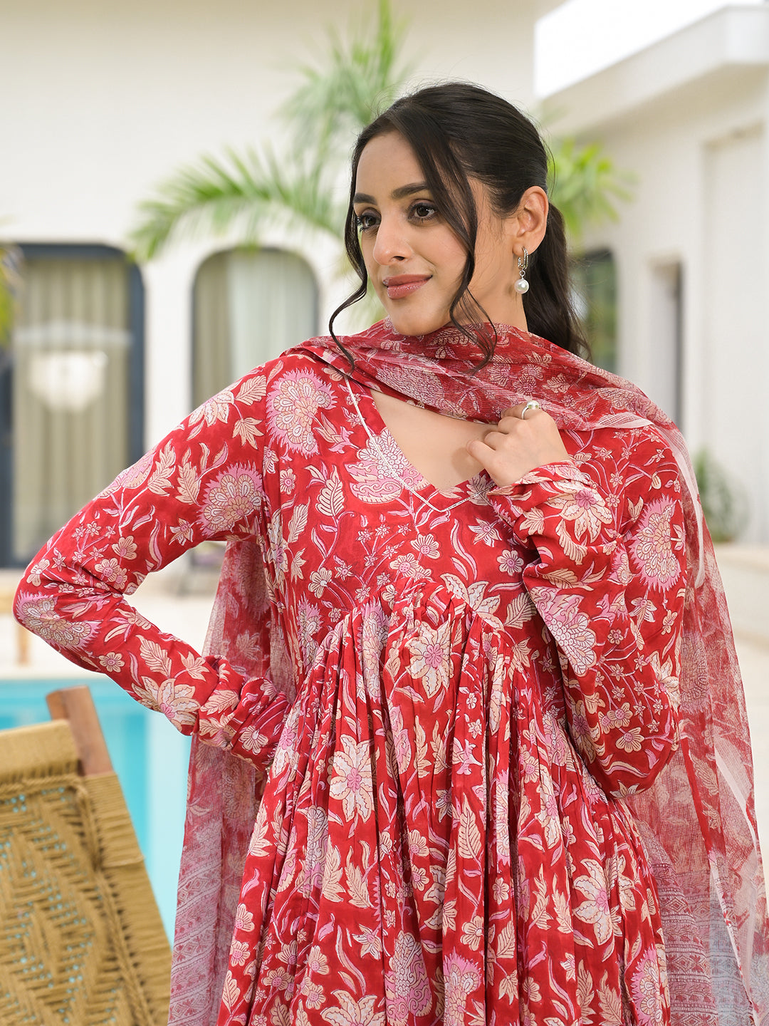 Floral printed red cotton Alia cut kurta set with sheer sleeves and matching scarf