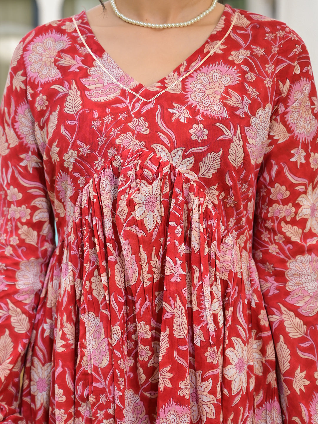 Floral printed red cotton Alia cut kurta set with V-neckline and long sleeves