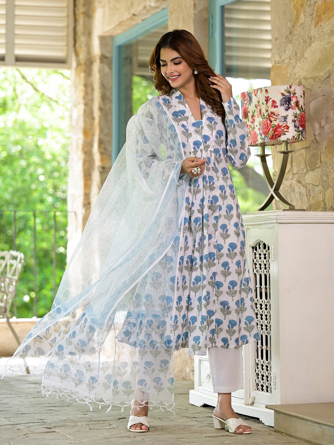 Long Blue Floral Handblock Cotton Anarkali Kurta Set with Sheer Overlay and Pants