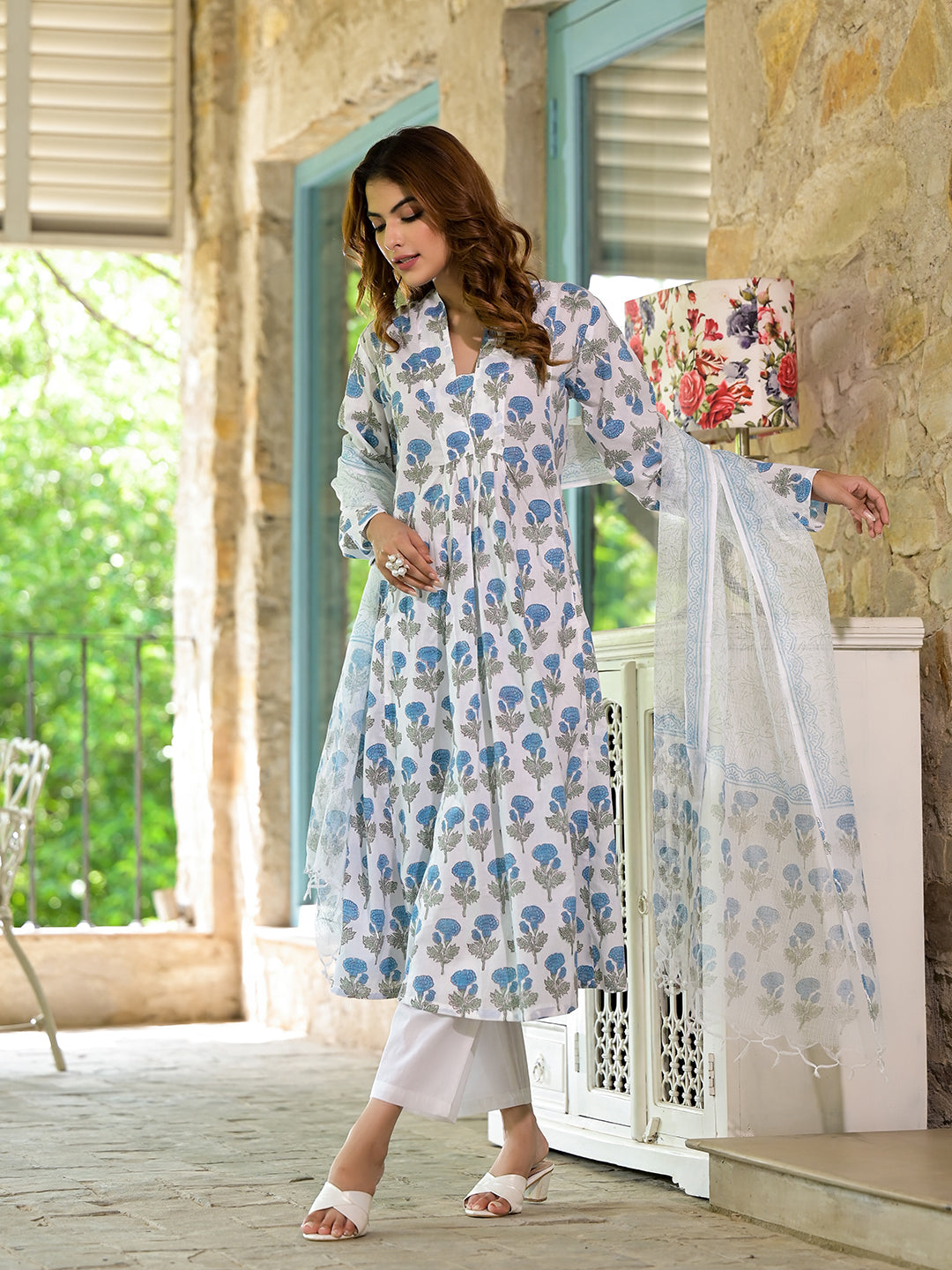 Blue Floral Handblock Cotton Anarkali Kurta Set with White Pants and Sheer Dupatta