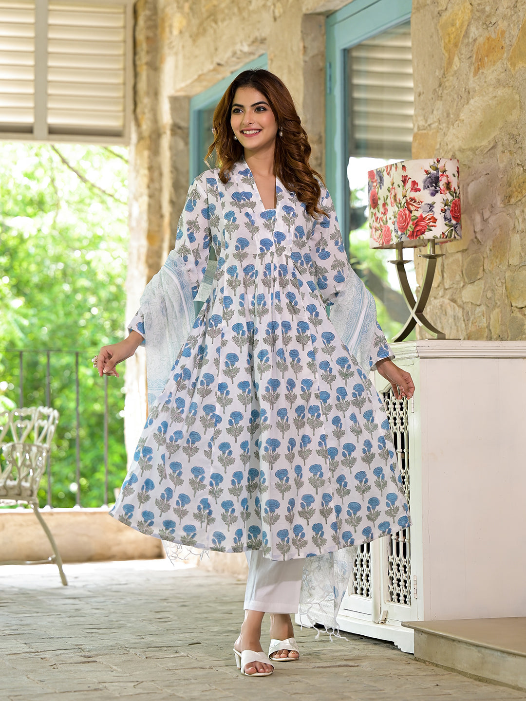 Floral-patterned White and Blue Long Dress with Bell Sleeves, Handblock Cotton Anarkali