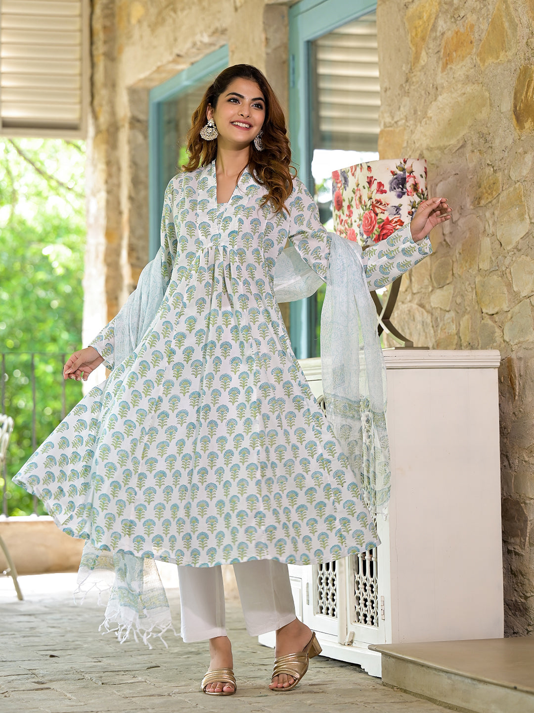 Floral print long-sleeved dress with flared skirt and white pants in Green Floral Handblock Printed Cotton Anarkali Kurta Set