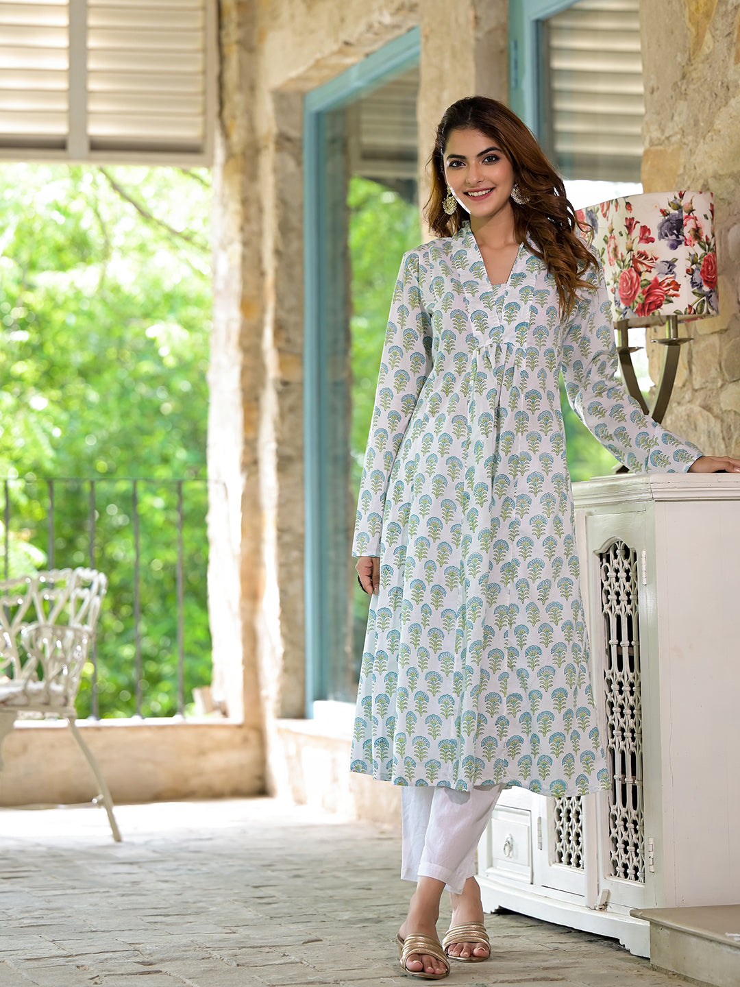 White & Green Floral Handblock Printed Cotton Anarkali Kurta Dress with V-neck and Fitted Waist