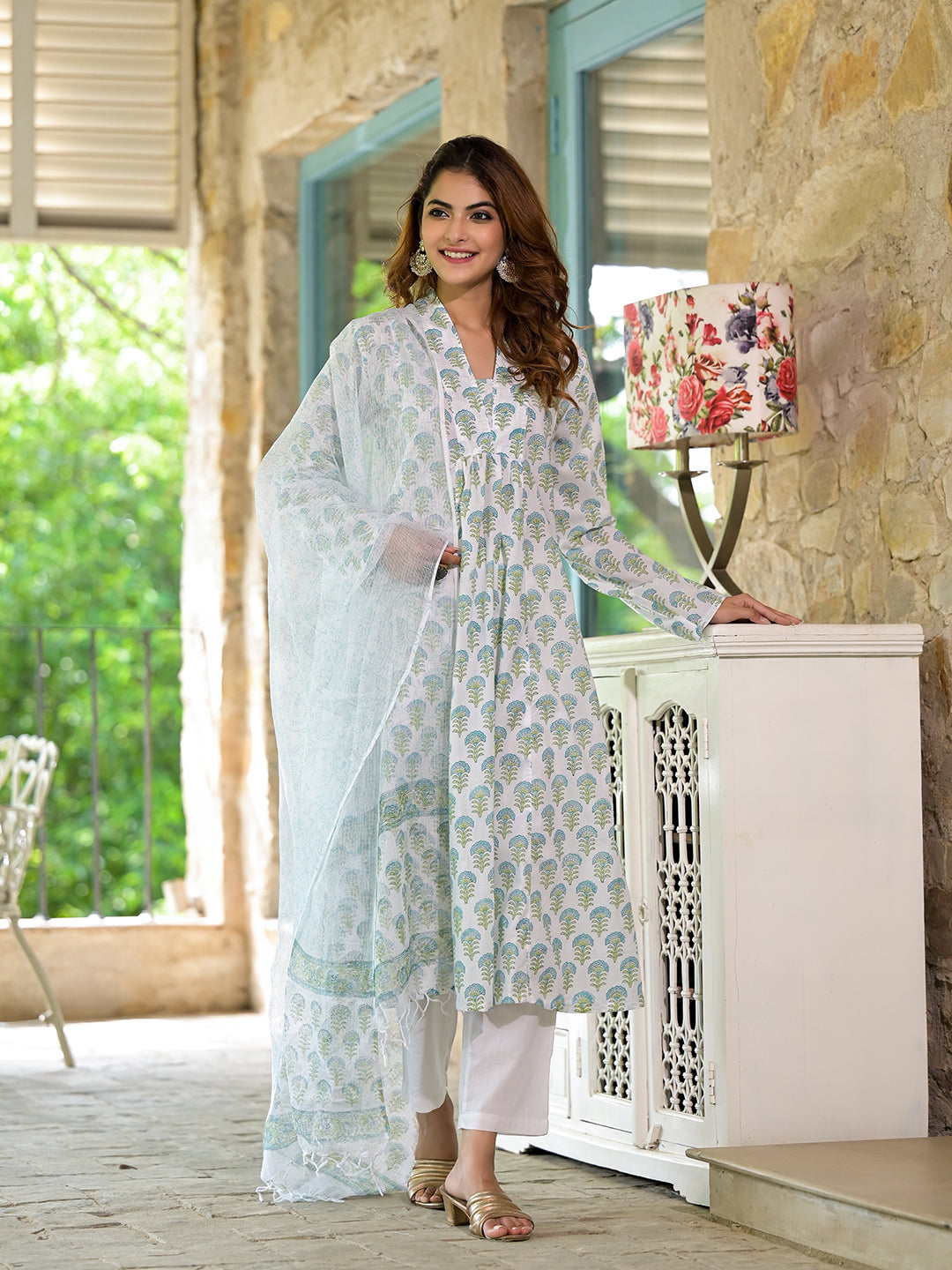 White embroidered salwar kameez with matching dupatta from Green Floral Handblock Printed Cotton Anarkali Kurta Set