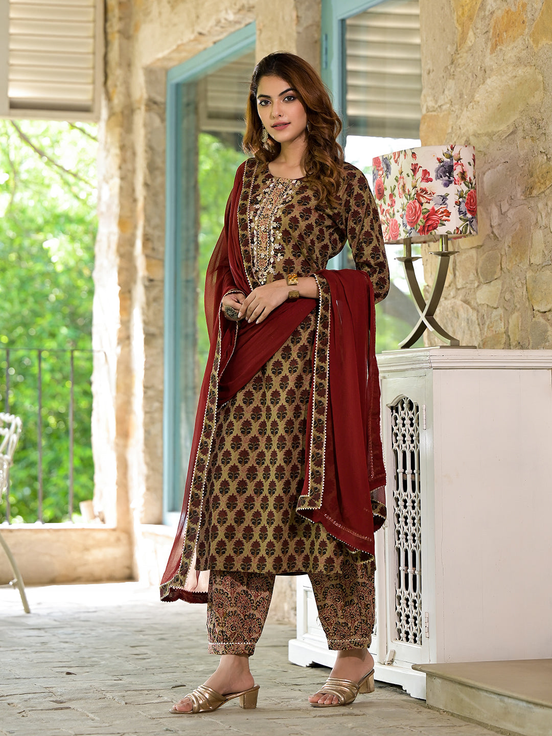 Ornate Brown Straight Fit Zardozi Work Knee Long Cotton Kurta Set for women with shawl