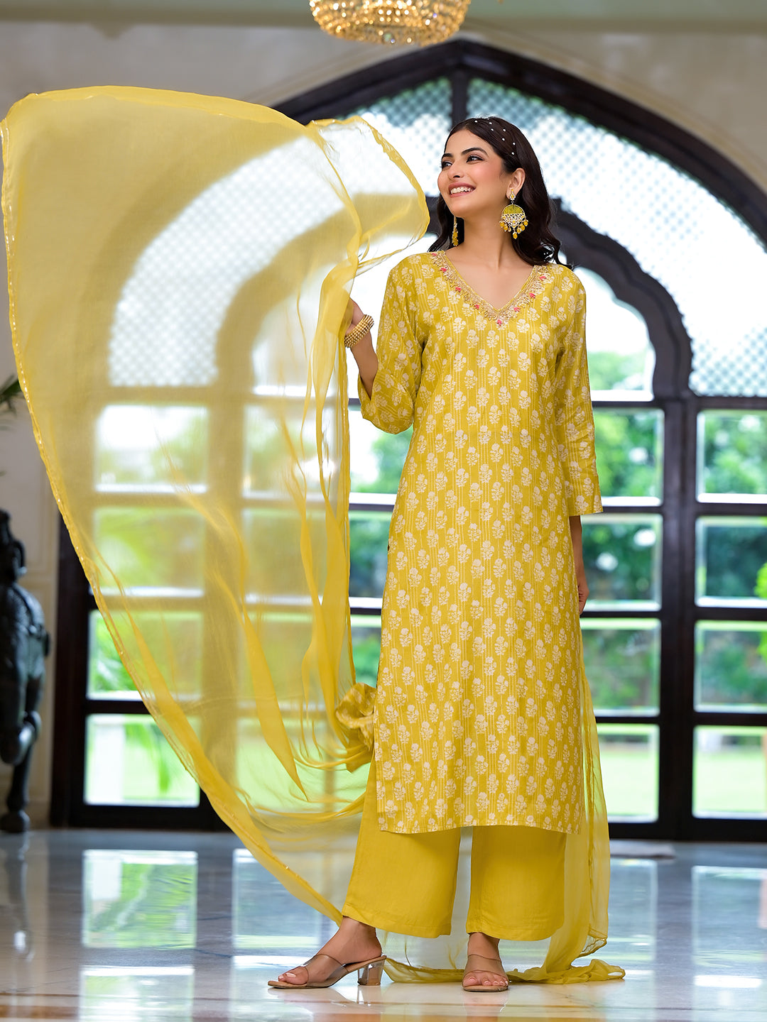 Yellow printed muslin straight kurta with palazzo pants and flowing dupatta set