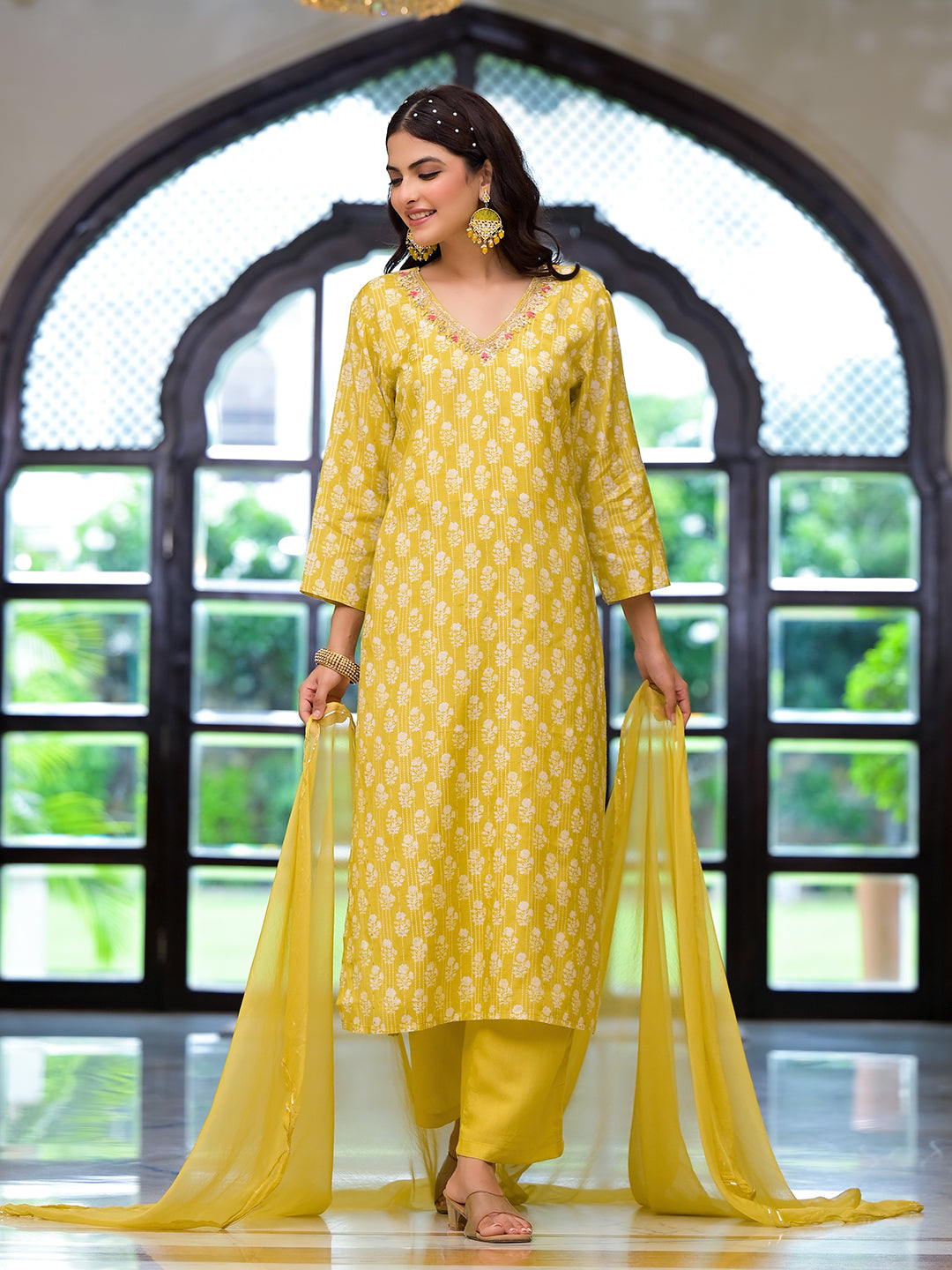 Yellow printed muslin straight kurta and trouser with matching dupatta outfit