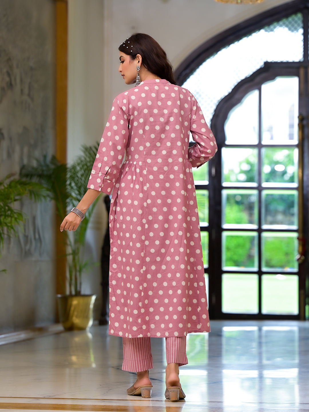 Light Pink Printed Pure Cotton Straight Kurta with Matching Striped Pants and Dupatta