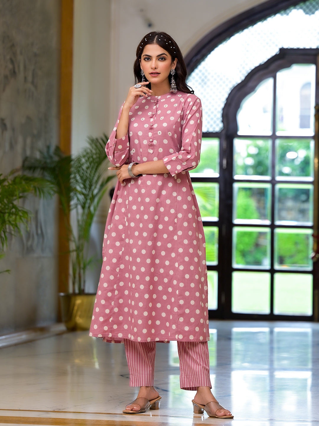 Light Pink Printed Pure Cotton Straight Kurta paired with matching striped pants