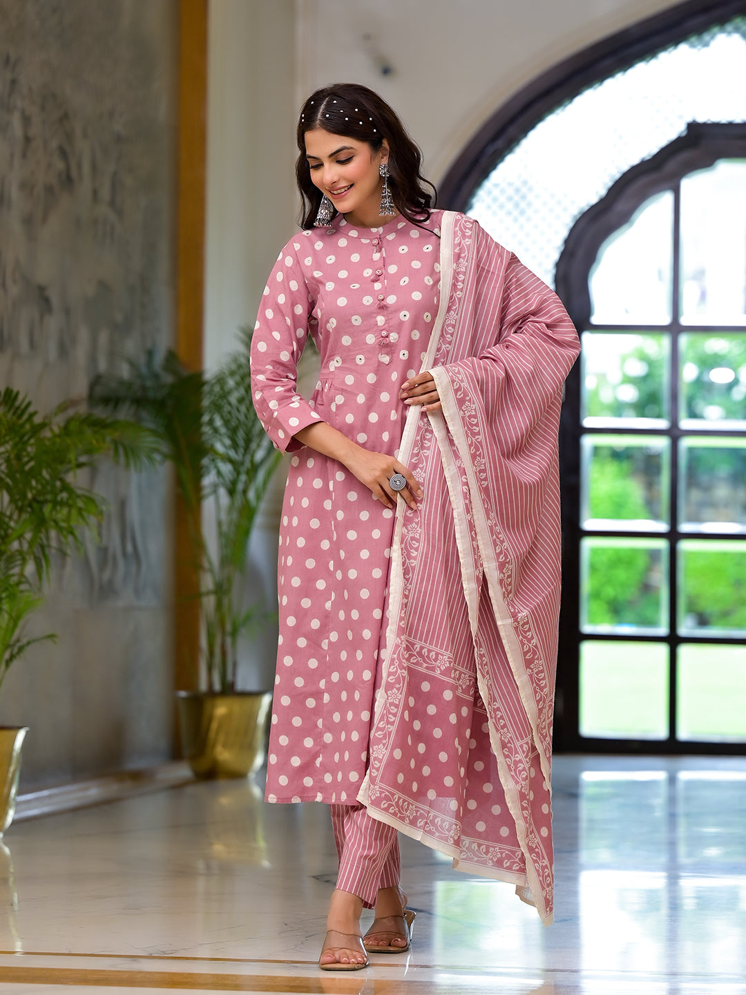 Light Pink Printed Pure Cotton Straight Kurta and Trouser with Matching Dupatta