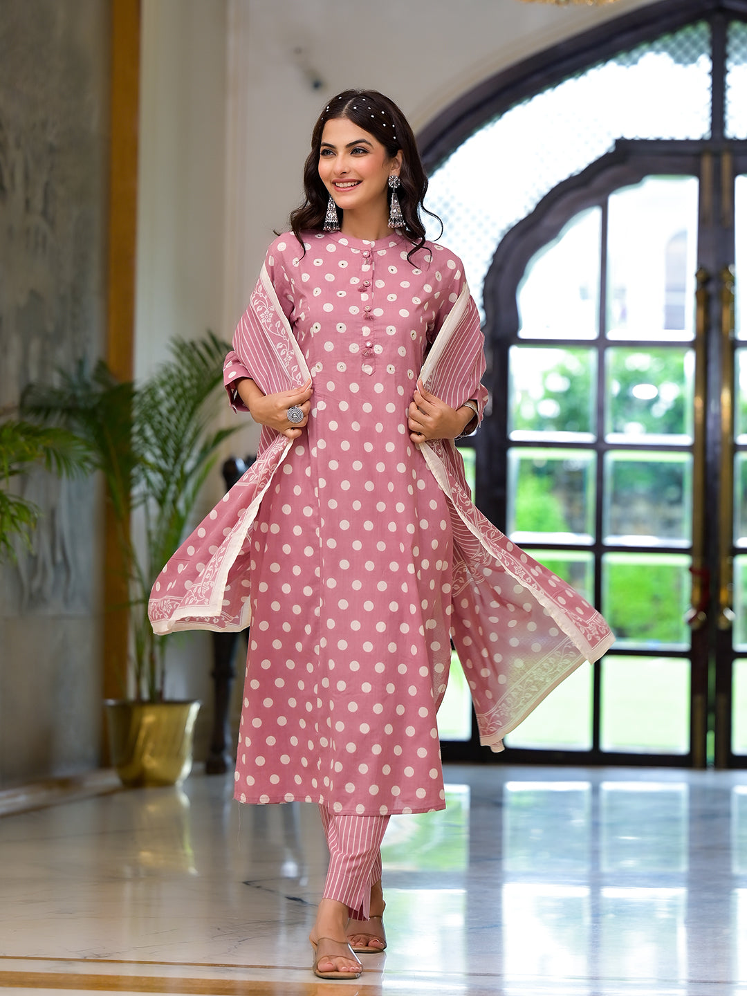 Light Pink Printed Pure Cotton Straight Kurta with Dupatta featuring pink polka dots