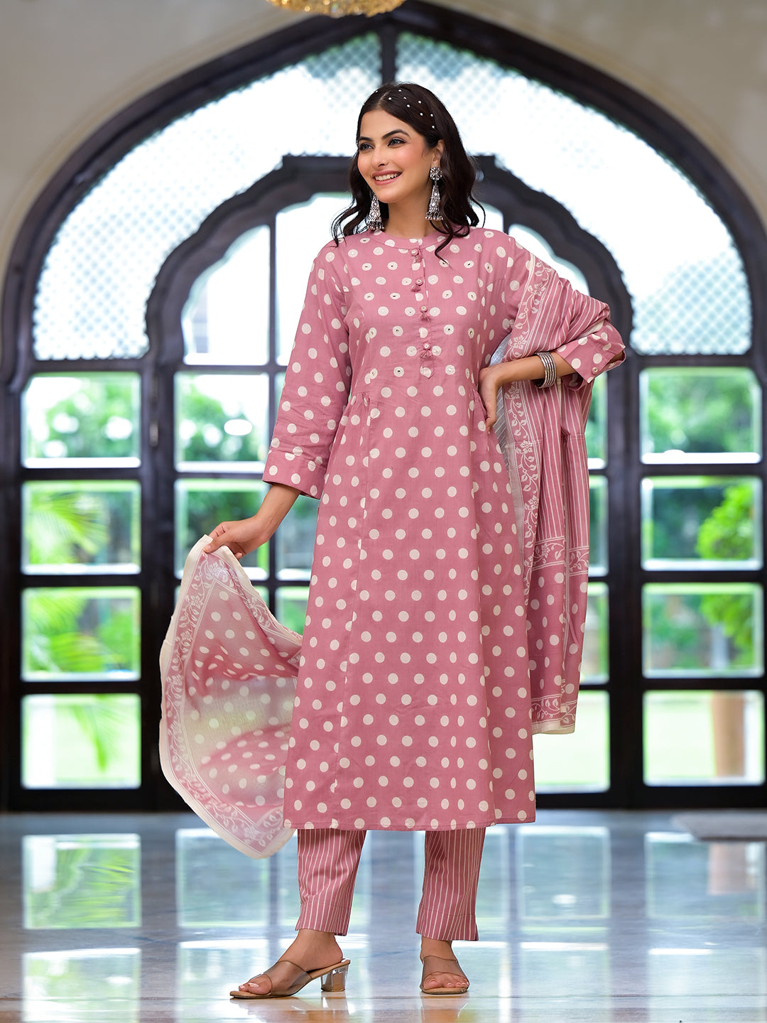 Light Pink Printed Pure Cotton Straight Kurta with Trouser and matching dupatta