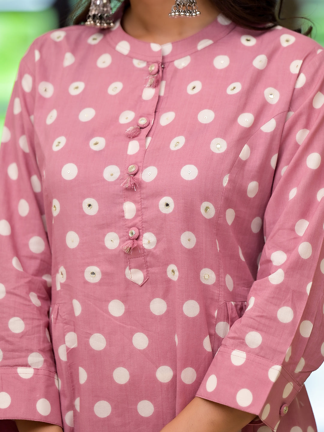 Light Pink Printed Pure Cotton Straight Kurta with Button-Up Front and Polka Dot Design