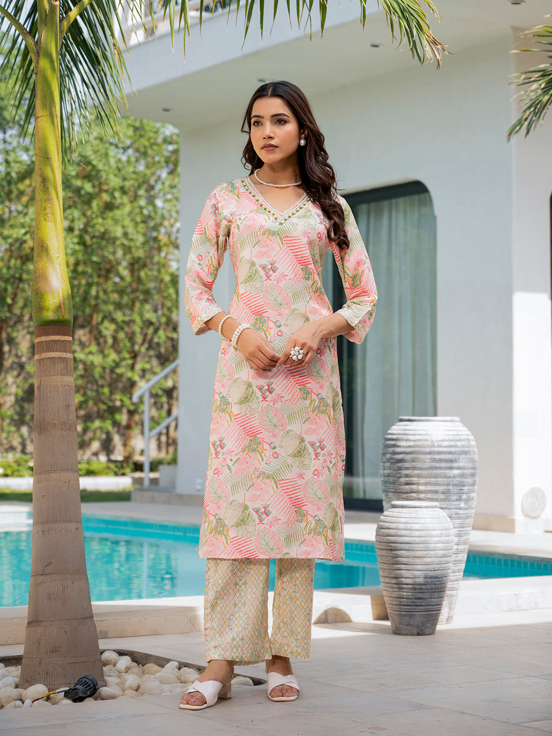 Floral print muslin Kurta set with pink kurti and cream palazzo pants