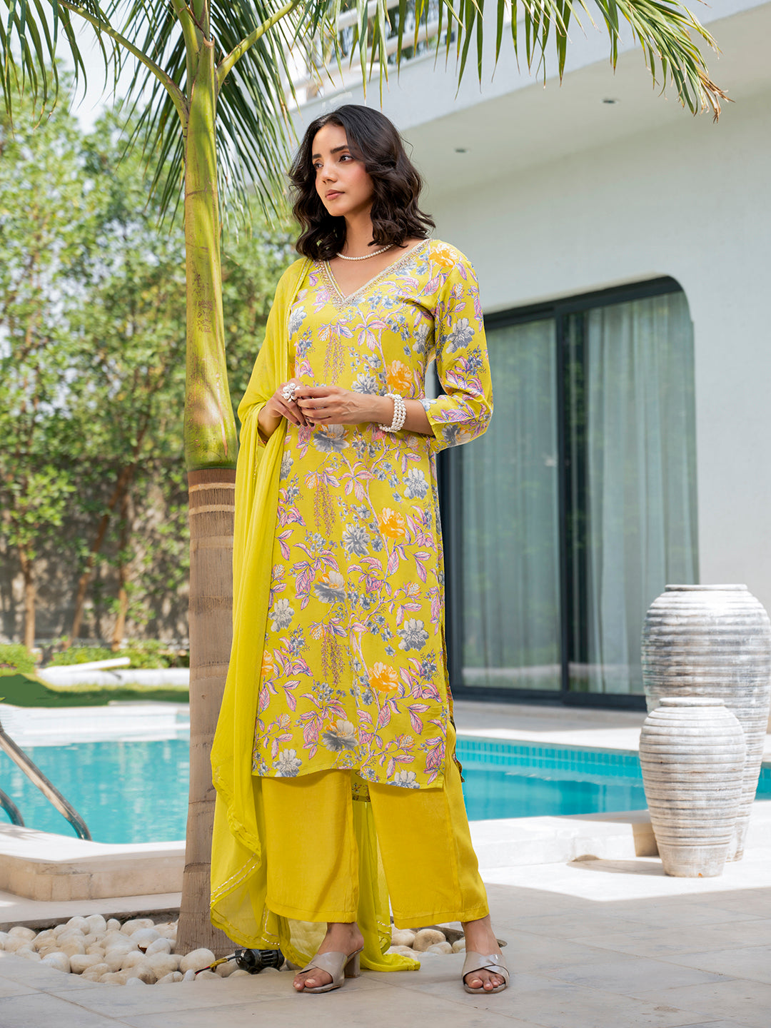 Yellow Embroidered Floral Print Muslin Kurta Set with palazzo pants and dupatta