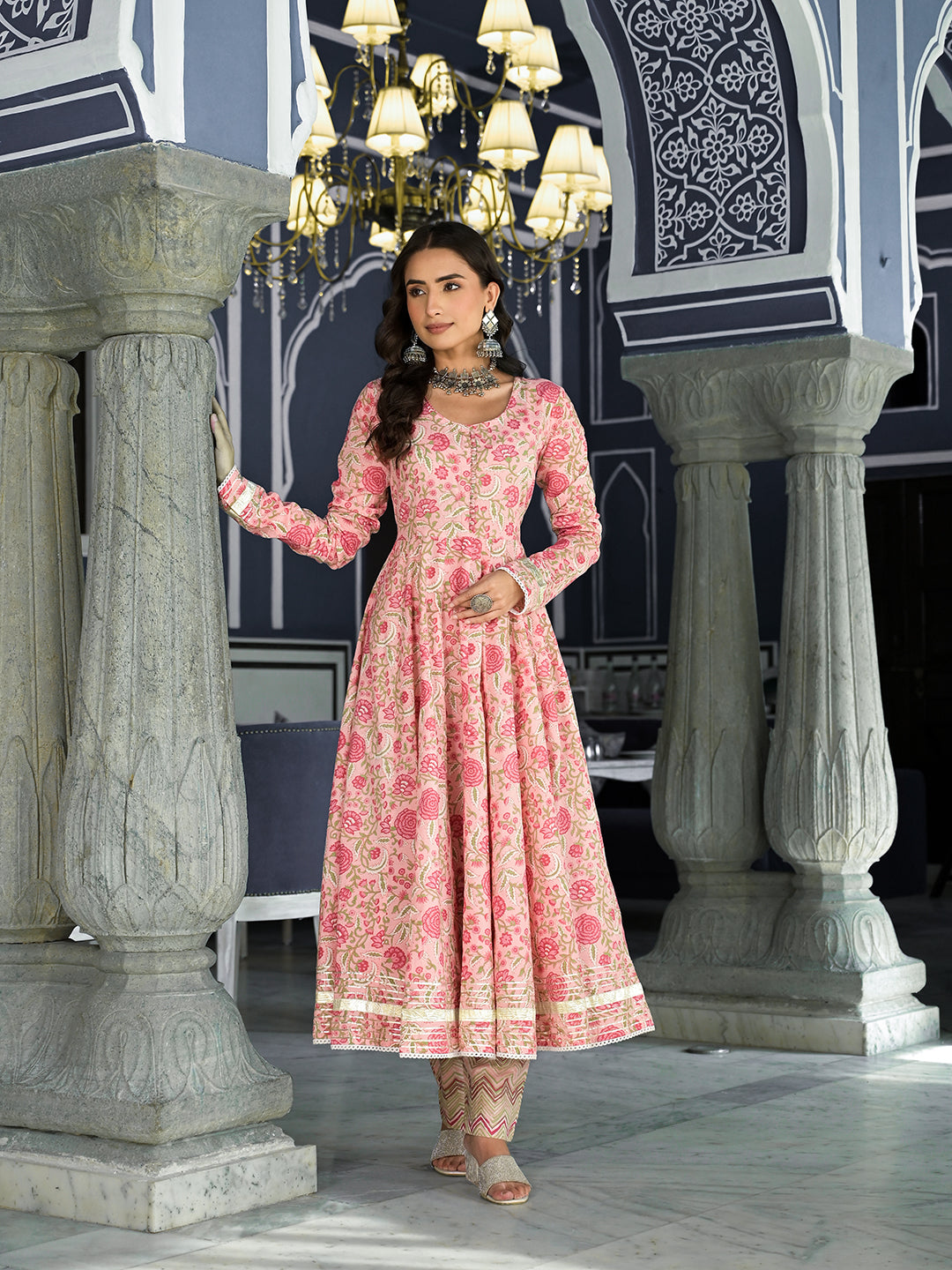 Pink Floral Hand Block Printed Anarkali Kurta Trouser with Dupatta Set showcasing elegance