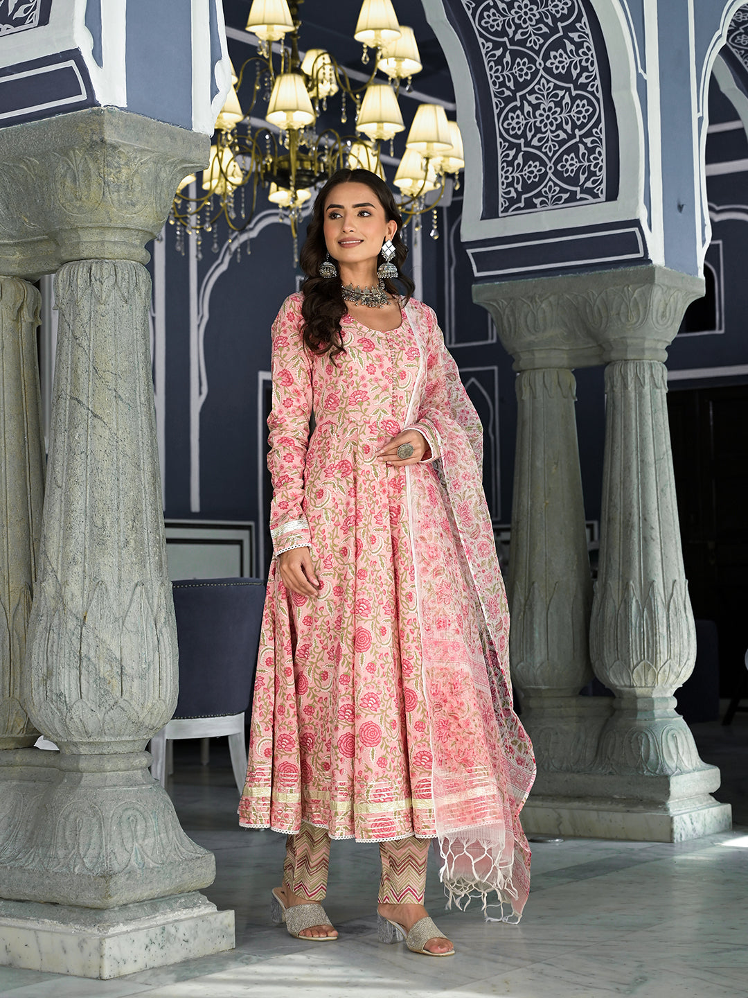 Ornate Pink Floral Hand Block Printed Anarkali Kurta Trouser with Matching Dupatta Set