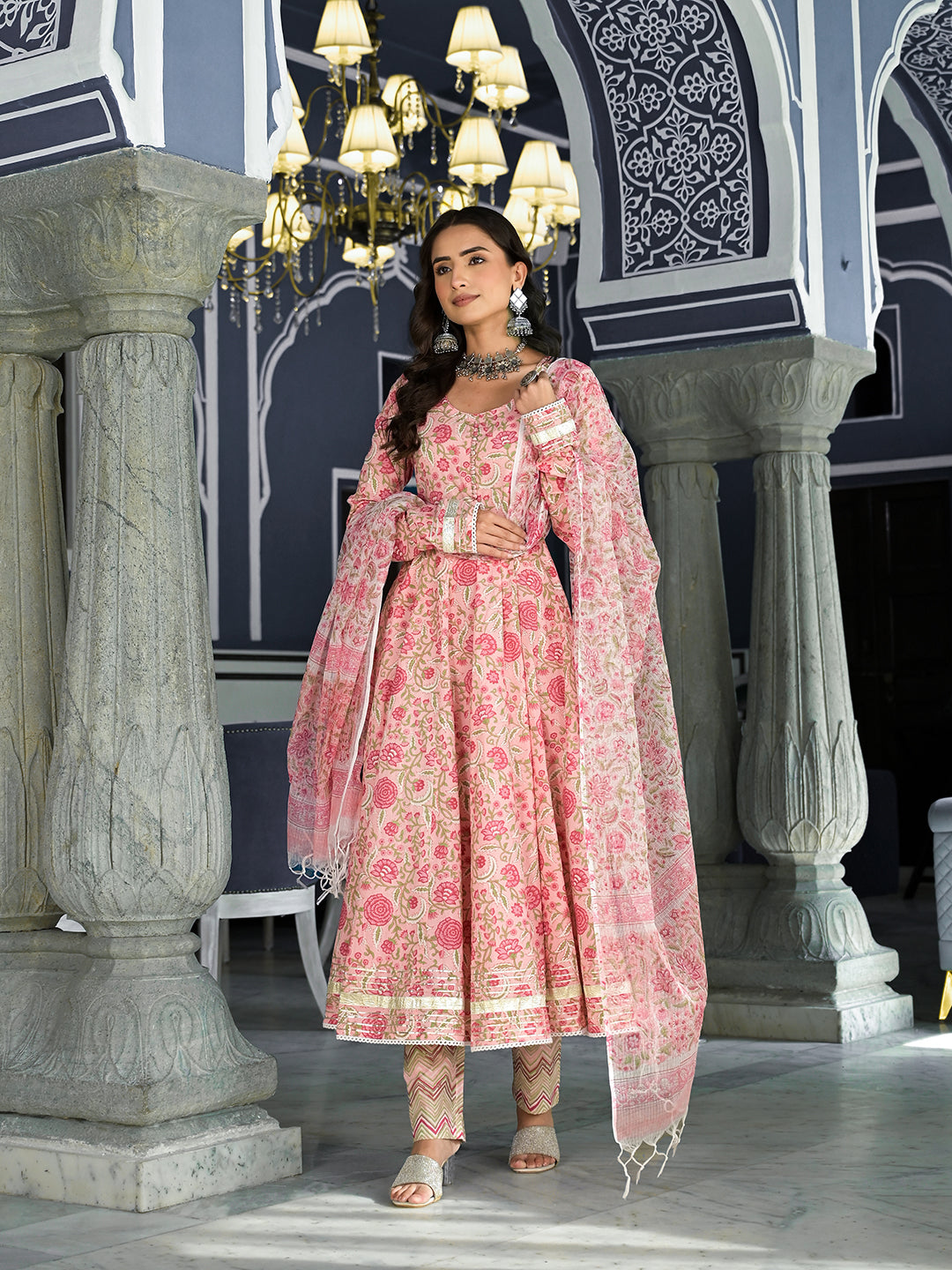 Ornate Pink Floral Hand Block Printed Anarkali Kurta Trouser with matching shawl