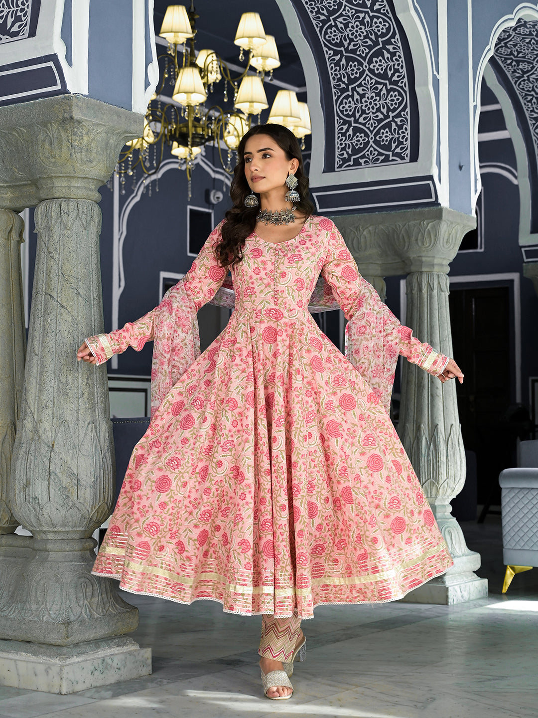 Ornate pink and white block printed anarkali kurta trouser with bell sleeves and dupatta