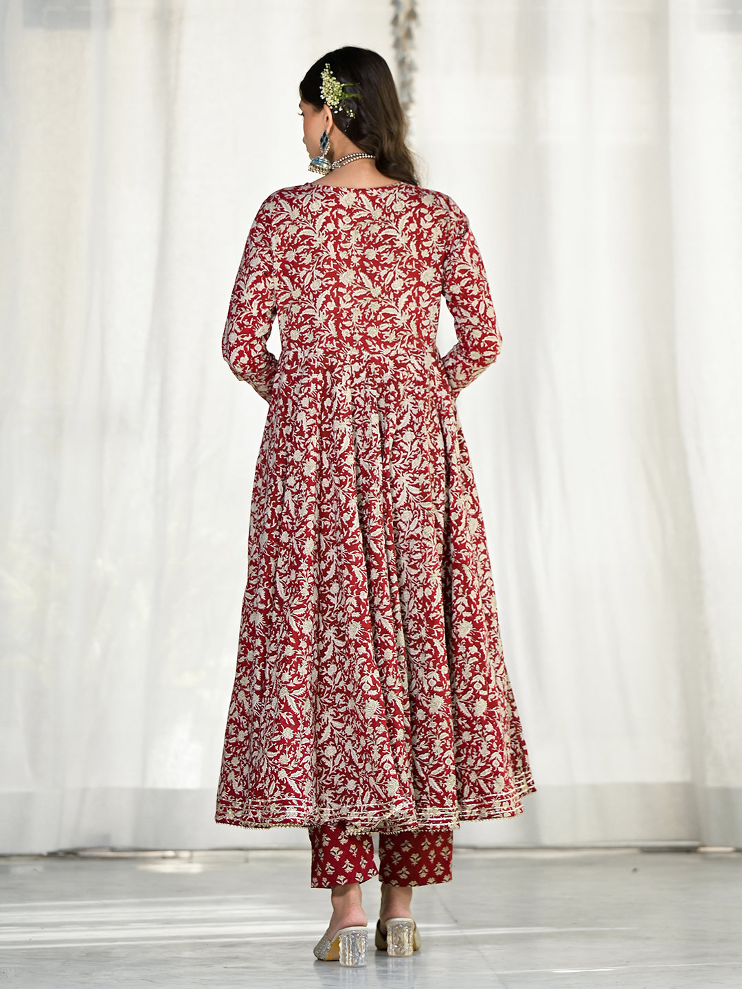 Maroon Floral Printed Anarkali Cotton Kurta Trouser set with matching patterned pants