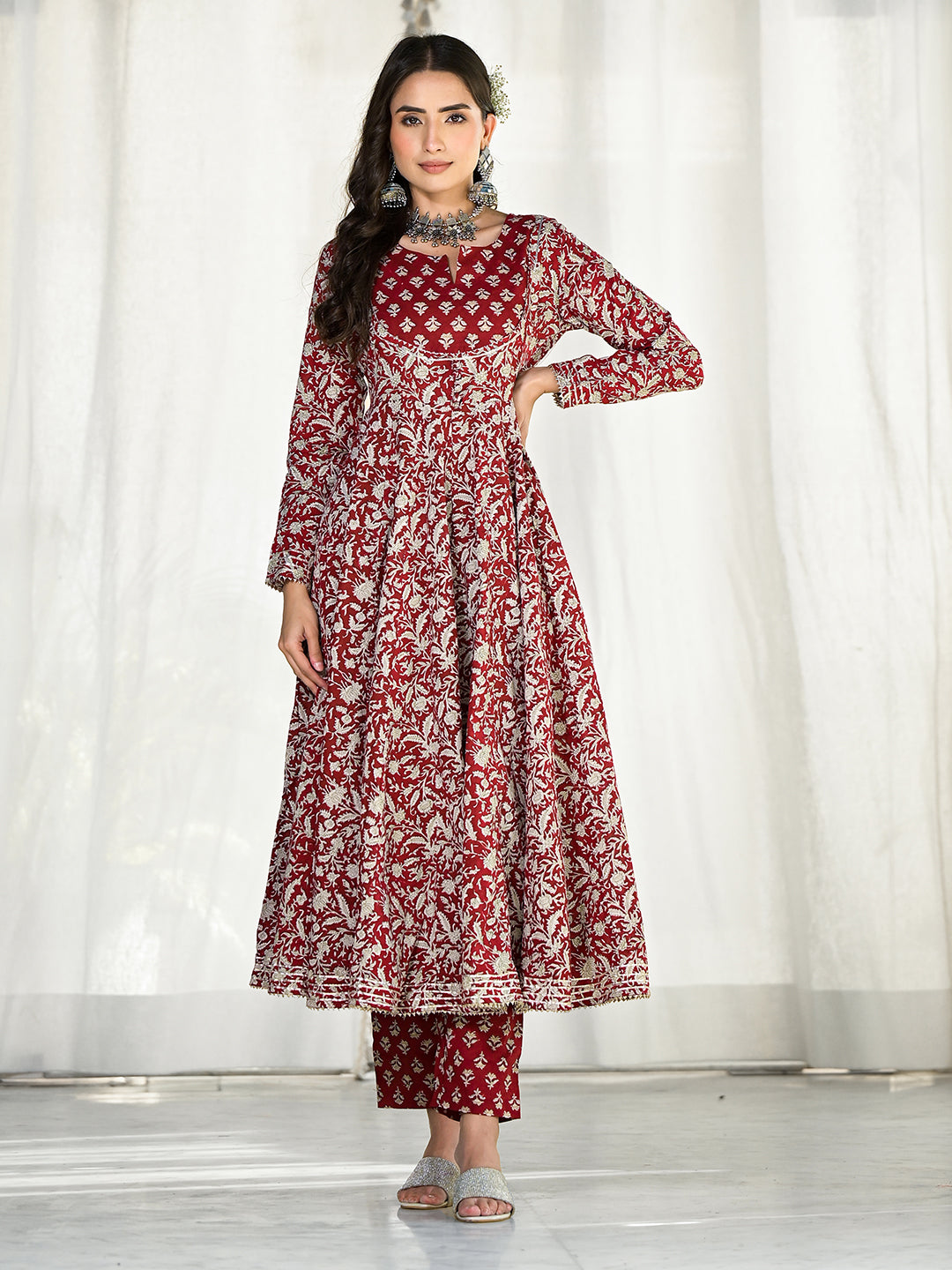 Maroon Floral Printed Anarkali Cotton Kurta Trouser Set featuring a matching dupatta