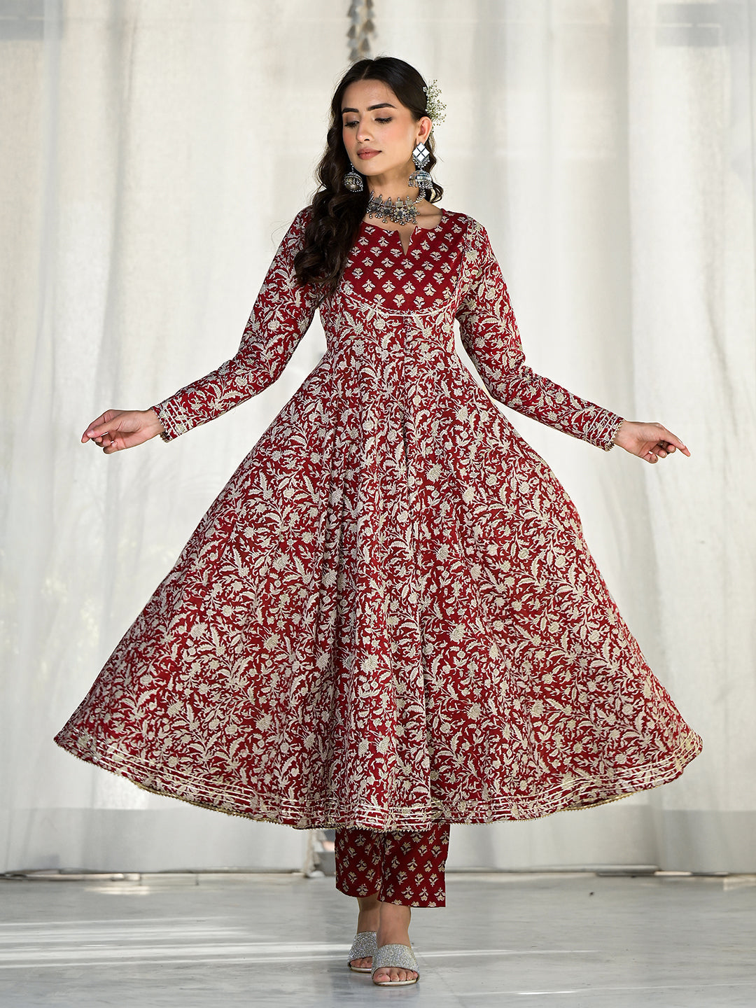 Ornate maroon floral printed Anarkali cotton kurta trouser set with matching dupatta