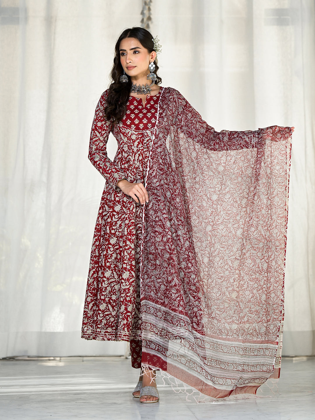 Ornate maroon floral printed Anarkali cotton kurta with matching dupatta set