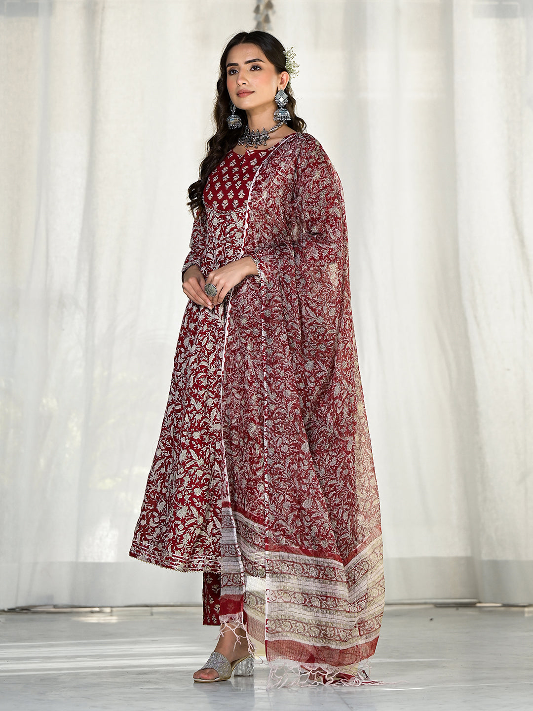 Ornate burgundy floral printed Anarkali cotton kurta trouser with matching dupatta set