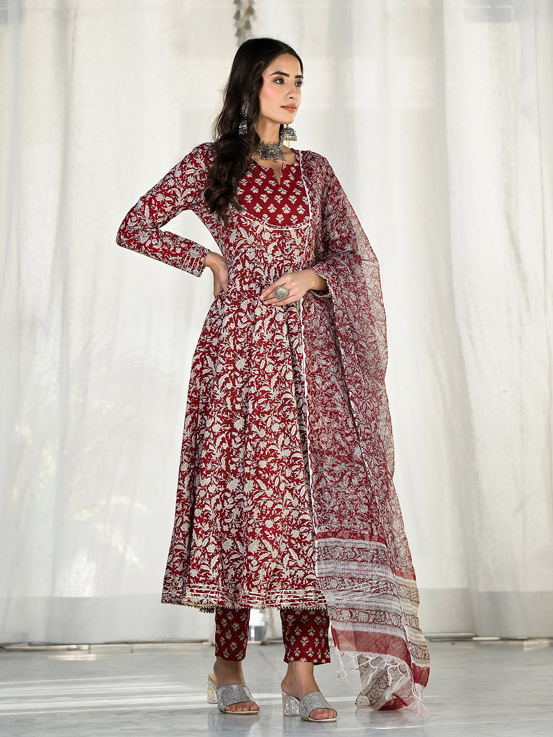 Ornate maroon floral printed Anarkali cotton kurta with matching pants and dupatta set