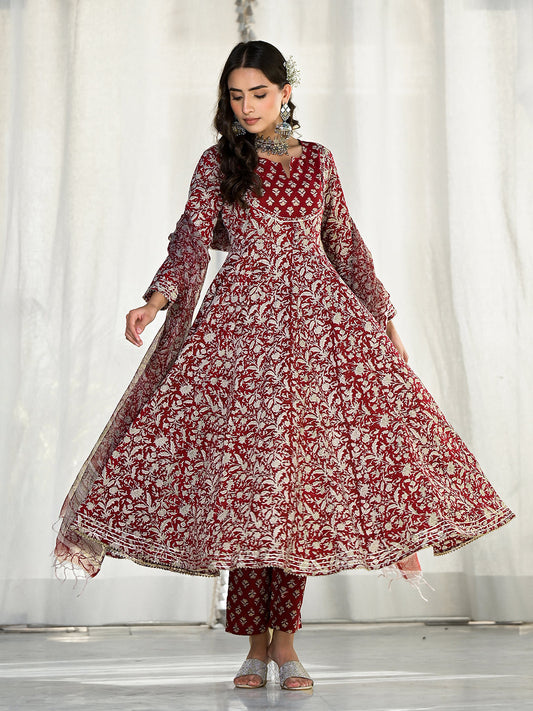 Maroon floral printed anarkali cotton kurta with matching pants and dupatta set