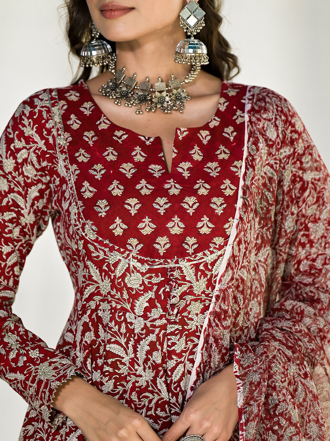 Ornate Maroon Floral Printed Anarkali Cotton Kurta with intricate gold embroidery