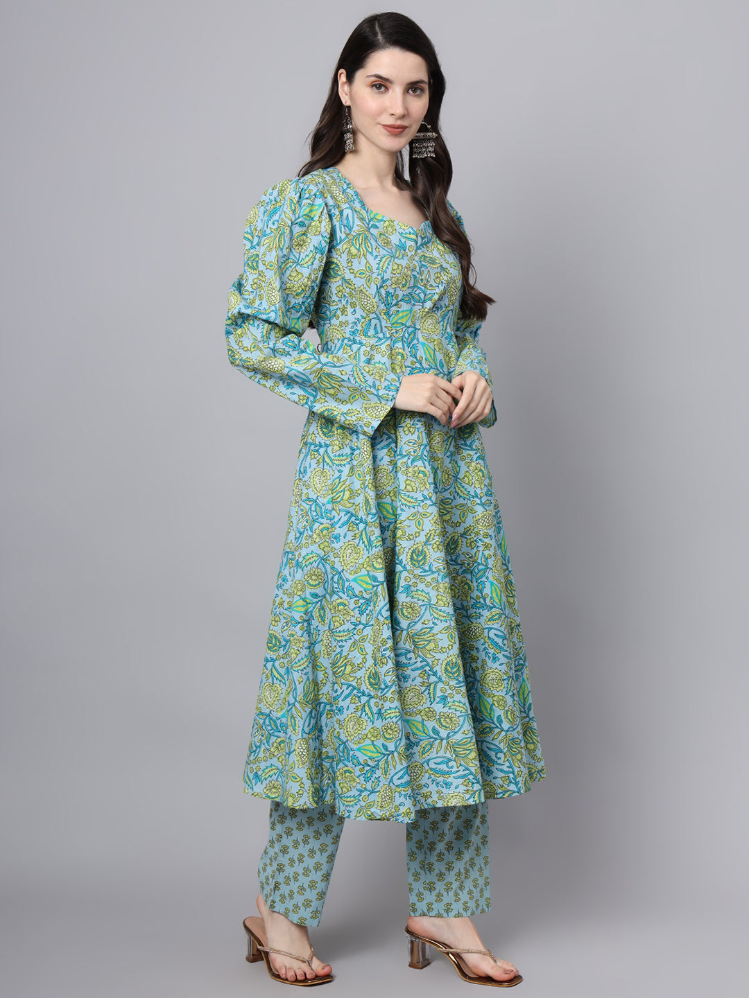 Floral printed sky blue cotton Anarkali Kurta set with long sleeves and flared skirt