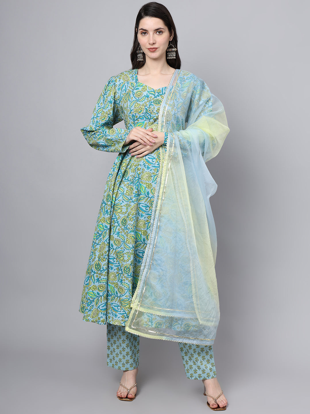 Floral Printed Sky Blue Cotton Anarkali Kurta Set with Matching Pants and Sheer Dupatta