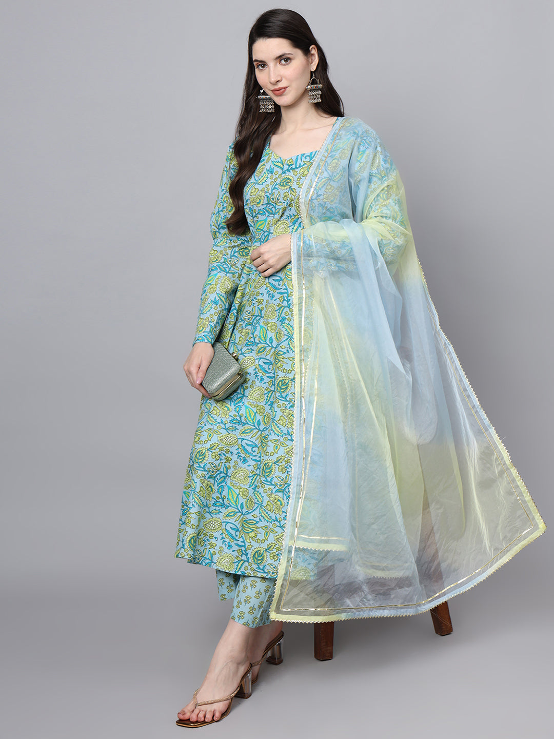 Turquoise and green floral printed Sky Blue Cotton Anarkali Kurta Set with sheer dupatta