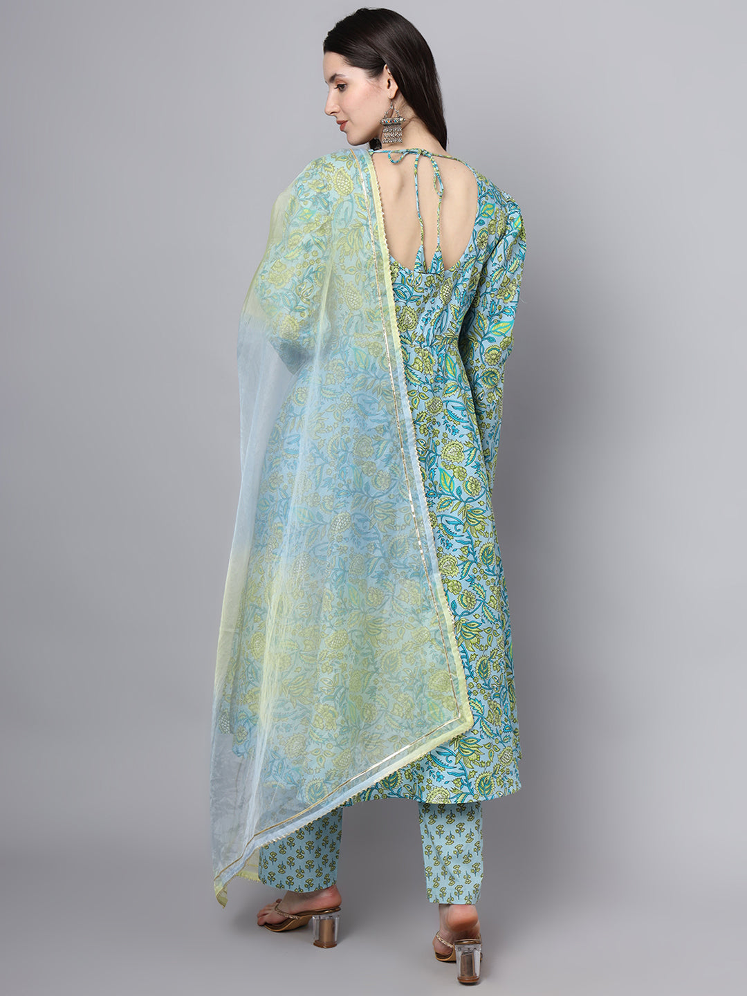 Floral printed sky blue cotton Anarkali kurta set with sheer blue dupatta